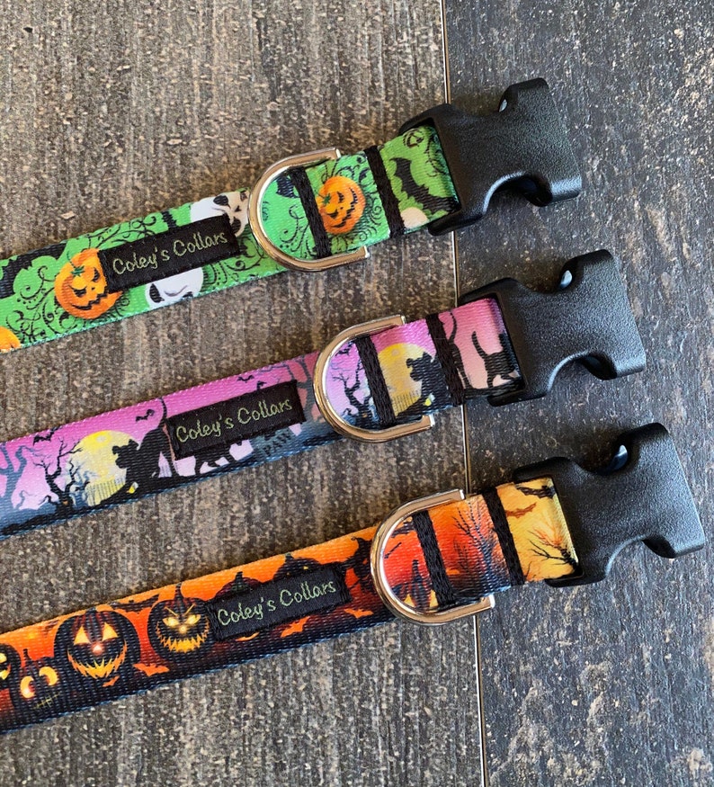 May include: Three Halloween-themed dog collars with black buckles and silver D-rings. The collars feature a green, pink, and orange background with images of pumpkins, bats, and ghosts. The collars are labeled "Coley's Collars".