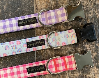 Personalized Dog Collar, Rainbow Dog Collar, Girl Dog Collar, Boy Dog Collar, Summer Dog Collar, Gingham Dog Collar, "Over the Rainbow"