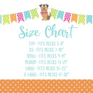 May include: A size chart for dog collars featuring a cute cartoon dog wearing a collar. The chart lists sizes from Toy to X-Large with corresponding neck measurements in inches.