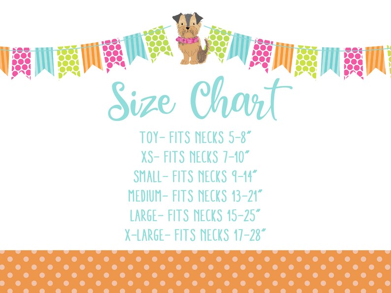 May include: A size chart for dog collars featuring a cute cartoon dog wearing a collar. The chart lists sizes from Toy to X-Large with corresponding neck measurements in inches.