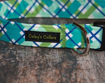 Dog Collar, Plaid Dog Collar, Boy Dog Collar, Male Dog Collar,  Girl Dog Collar, Preppy Dog Collar,   "The Hello Plaid in Green"