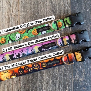 May include: Three Halloween-themed dog collars with different designs. The top collar is green with pumpkins, bats, and a skull. The middle collar is purple with a moon, bats, and black cats. The bottom collar is orange with pumpkins, bats, and a moon. Each collar has a black buckle and the text "Coley's Collars" printed on it.