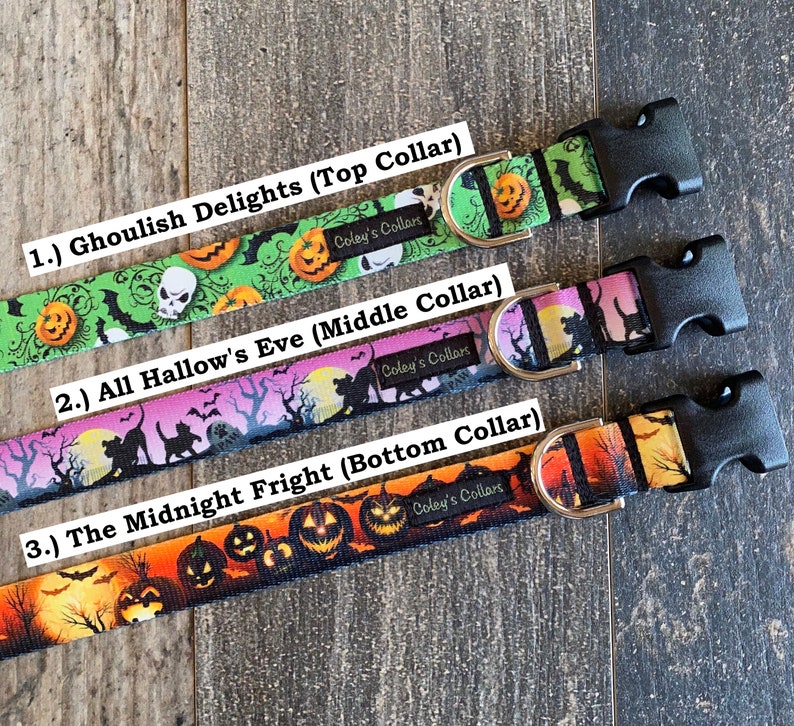May include: Three Halloween-themed dog collars with different designs. The top collar is green with pumpkins, bats, and a skull. The middle collar is purple with a moon, bats, and black cats. The bottom collar is orange with pumpkins, bats, and a moon. Each collar has a black buckle and the text "Coley's Collars" printed on it.