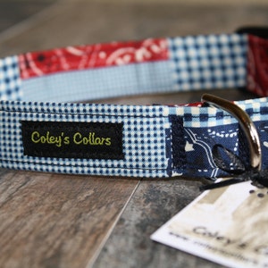 May include: A blue and white checkered dog collar with a red bandana pattern and a black label that says "Coley's Collars".