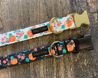 Personalized Dog Collar, Custom Dog Collar Boy Girl, Autumn Dog Collar, Fall Dog Collar, Halloween Dog Collar, "The Floral Pumpkin"