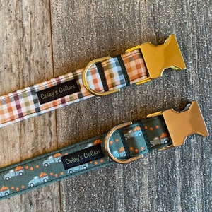 Personalized Fall Dog Collar, Autumn Dog Collar, Plaid Dog Collar, Pumpkin Dog Collar, Truck dog collar "The Pumpkin and Pickups Collection"