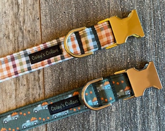 Personalized Fall Dog Collar, Autumn Dog Collar, Plaid Dog Collar, Pumpkin Dog Collar, Truck dog collar "The Pumpkin and Pickups Collection"