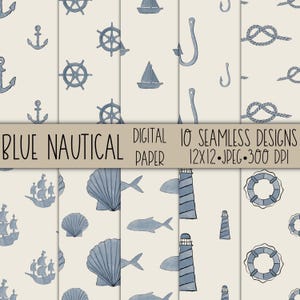 Blue Nautical Seamless Pattern Bundle | Watercolor Ocean Backgrounds | JPEG Digital Papers for Scrapbooking, Crafts & Sublimation