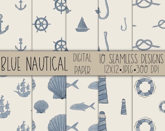 Blue Nautical Watercolor Pattern: Seamless Ocean JPEG Paper (Digital Download)