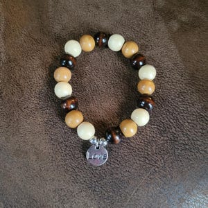 Wood Beaded Bracelet with Love Charm