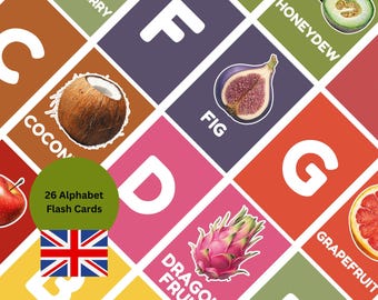 Tarjetas didácticas de frutas y el alfabeto inglés / Tarjetas imprimibles para aprender el abecedario / Tarjetas educativas para niños / Divertido juego de emparejar letras y frutas