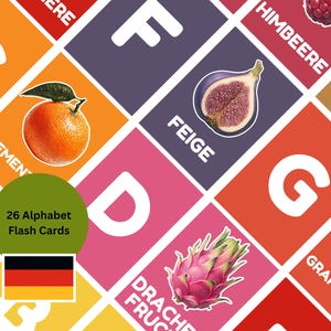 May include: A set of 26 alphabet flash cards featuring colorful illustrations of fruits and the German word for each fruit. The cards are designed for children learning German.
