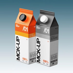 May include: Two carton mockups, one orange and white, the other gray and white, with black caps. The cartons have the text "MCK-UP", "100%", and "/01". The orange carton has a black cap, while the gray carton has a white cap.