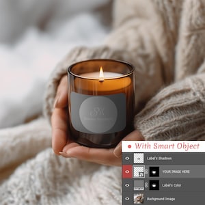 Winter Candle Mockup – Woman Holding Candle in Cozy Indoor Scene with Seasonal Decor | Editable PSD + PNG for Branding and Product Display