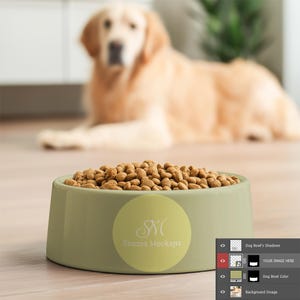 Dog Bowl Mockup in Cozy Living Room – Blurred Dog in Background for Pet Brand Display & Product Listing