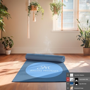 May include: A rolled-up blue yoga mat with the text "Seazns Mockups" in a light blue circle. The mat is on a wooden floor, with plants and hanging baskets in the background. The scene is lit by natural light.