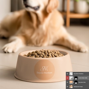 Dog Food Bowl Mockup with Blurry Pet in Background – Living Room Setting for Pet Shops & Designers
