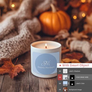Autumn Candle Mockup – Indoor Scene with Cozy Autumn Decor | Editable PSD + PNG & JPG for Branding and Product Display