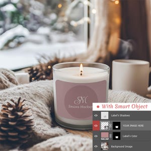 Winter Candle Mockup – Indoor Scene with Cozy Seasonal Decor | Editable PSD Template + PNG & JPG Formats for Branding and Product Display