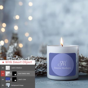 Winter-Themed Candle Mockup – Indoor Cozy Scene with Holiday Decor | PSD, PNG & JPG Files for Branding and Marketing Use