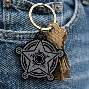 Puede incluir: Un llavero de insignia de sheriff negro y gris con un diseño de estrella, sujeto a un llavero dorado y un juego de llaves. El llavero cuelga de un bolsillo de mezclilla azul.