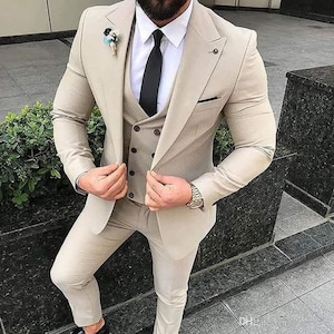 Men&#39;s Beige 3-Piece Suit | Slim Fit Wedding Suit |  | Formal Wear for Prom, Business & Special Events