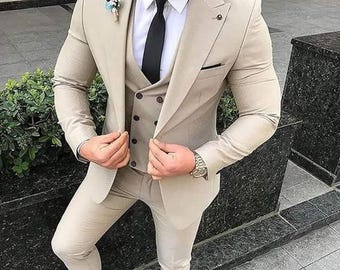 Men's Beige Slim Fit 3-Piece Suit: Wedding & Prom Formal Wear
