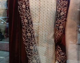 Regal Maroon Velvet Shawl with Heavy Golden Embroidery | Wedding & Festive Wear