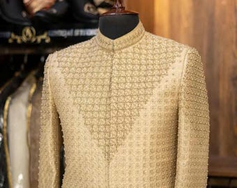 Hand-Embroidered Golden Sherwani: Indian Wedding Groomswear