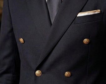 Men's Black Double Breasted Suit with Gold Buttons, 2-Piece Slim Fit Wedding Tuxedo, Old Money Style Formal Suit, Tailored Groom & Prom Suit