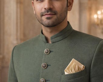 Pakistani Prince Coat for Men – Premium Green Jodhpuri Prince Coat – Wedding & Formal Menswear – Custom Made Sherwani Style Coat