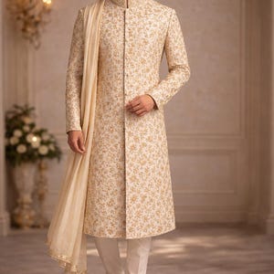 Luxury Embroidered Sherwani Bundle Set |Cream Hand Embroidered Sherwani for Groom | Wedding Sherwani Set with Pajama, Inner Kurta & Khussa.