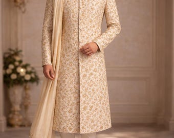 Luxury Embroidered Sherwani Bundle Set |Cream Hand Embroidered Sherwani for Groom | Wedding Sherwani Set with Pajama, Inner Kurta & Khussa.