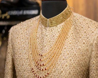 Golden Groom Sherwani Set: Complete Pakistani Indian Wedding Outfit