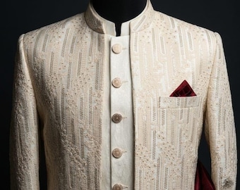 Off-White Embroidered Sherwani Set – 3-Piece Wedding Outfit, Maroon Pocket Square