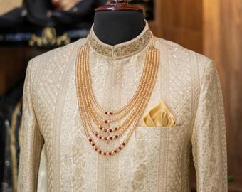 Embroidered Cream-Gold Wedding Sherwani Set -sherwani , Khusa & Pocket Square