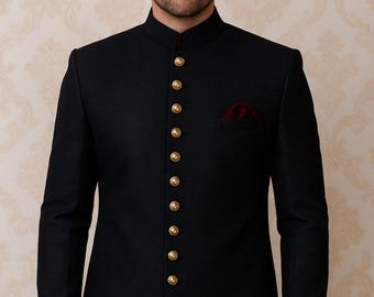 Black Indo-Western Sherwani: Gold Buttons, Custom Groom Outfit