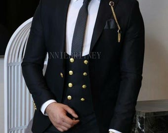 Men's 3-Piece Black Suit: Poly-Viscose Fabric, Double-Breasted Vest