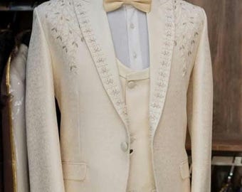 Elegant Cream Embroidered Wedding Suit - Men's Custom Tailored Tuxedo with Bow Tie