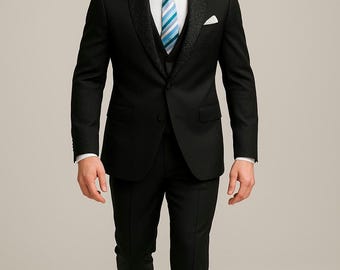 Elegant Black Tuxedo with Sequin Lapel – 3-Piece Party wear  Suit for Men