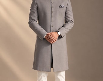 Luxury Grey Men's Sherwani | Nehru-Style Wedding Groom Outfit
