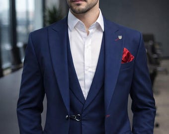 Luxury Navy Blue 3 Piece Suit for Men – Slim Fit Wedding Suit, Designer Formal Suit, Groom Tuxedo Set, Business Prom Blazer Vest Set