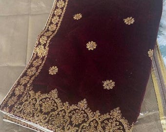 Regal Maroon Velvet Shawl with Heavy Golden Embroidery | Wedding & Festive Wear