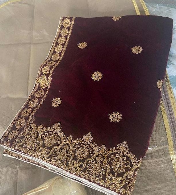 Regal Maroon Velvet Shawl with Heavy Golden Embroidery | Wedding & Festive Wear