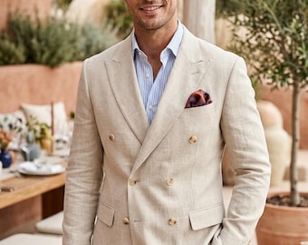 Beige Double-Breasted Men's Suit, Terylene-Rayon Fabric, Beach Wedding Groom (2-Piece Set)