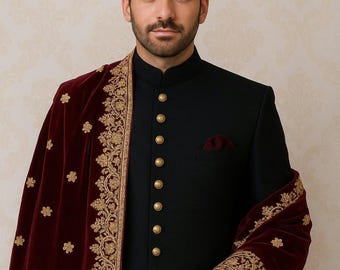 Black Sherwani with Maroon Velvet Shawl: Embroidered Groom Wedding Outfit