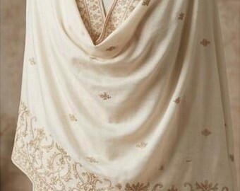 Hand Embroidered Ivory Shawl | Kashmiri Style Wrap | Elegant Wedding Stole | Traditional Ethnic Scarf