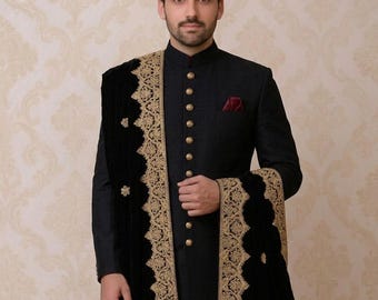 Chal de terciopelo negro con bordado dorado, chal tradicional para bodas, dupatta bordada con hilo zari para el novio y ocasiones formales.