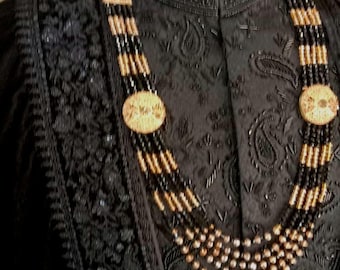 Hand-Embroidered Black Masoori Sherwani Set: Formal Wear with Mala & Shawl