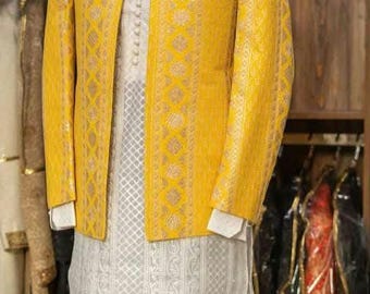 Embroidered Yellow Silk Blend Prince Coat